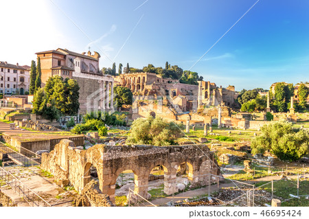 Tiberius Palace and the Temple of Antoninus and Faustina from the Basilica Aemilia ruins 46695424