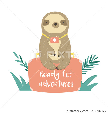 Funny sloth in jungles sitting on suitcase Funny sloth in jungles sitting on suitcase 46696077
