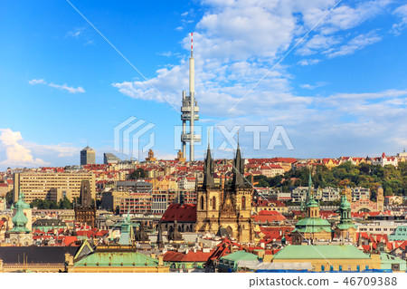 Church of Our Lady before Tyn and Zizkov Television Tower behind Church of Our Lady before Tyn and Zizkov Television Tower behind 46709388