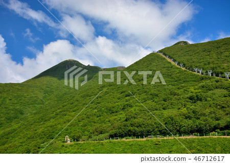 從東北,青森,津輕,磐城山,津輕富士,津上磐城天際線(11)停車場的頂部看山頂 從東北,青森,津輕,磐城山,津輕富士,津上磐城天際線(11)停車場的頂部看山頂 46712617