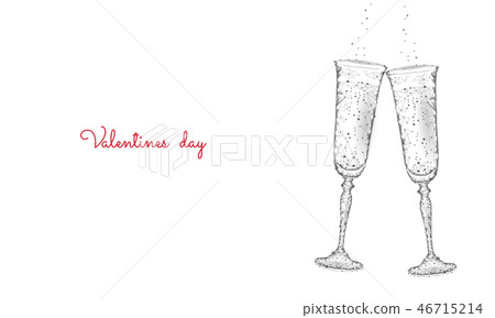Two glasses of champagne with sparkles. Low poly polygonal white 3D toasting romantic love date 46715214