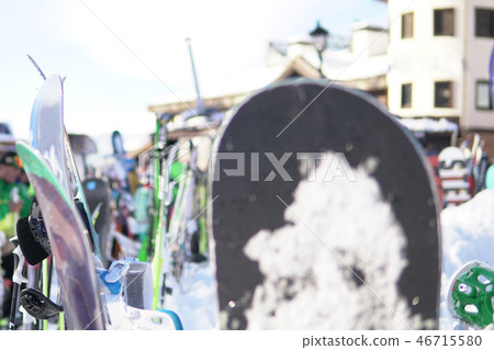 skis and Snowboards on the background of the ski resort vacation skis and Snowboards on the background of the ski resort vacation 46715580