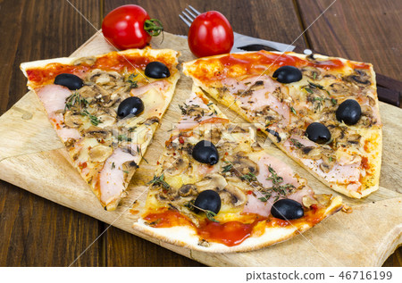 Sliced pizza with mozzarella cheese, ham, olives Sliced pizza with mozzarella cheese, ham, olives 46716199