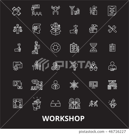 Workshop editable line icons vector set on black background. Workshop white outline illustrations 46716227