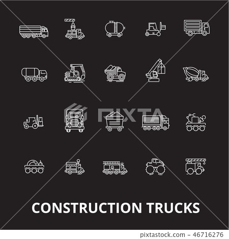 Trucks construction editable line icons vector set on black background. Trucks construction white Trucks construction editable line icons vector set on black background. Trucks construction white 46716276