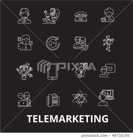 Telemarketing editable line icons vector set on black background. Telemarketing white outline 46716295