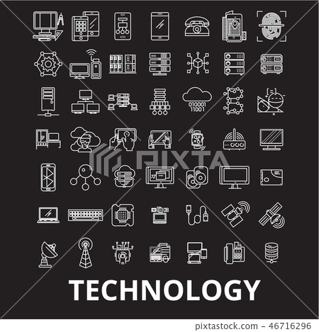 Technology editable line icons vector set on black background. Technology white outline 46716296