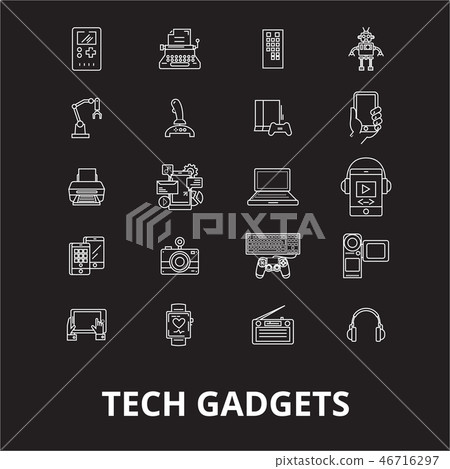 Tech gadgets editable line icons vector set on black background. Tech gadgets white outline 46716297