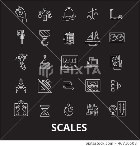 Scales editable line icons vector set on black background. Scales white outline illustrations, signs Scales editable line icons vector set on black background. Scales white outline illustrations, signs 46716508
