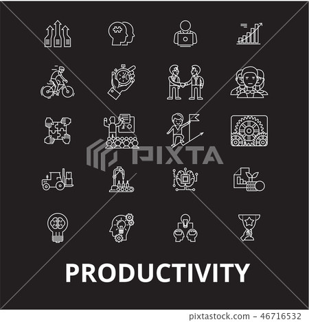 Productivity editable line icons vector set on black background. Productivity white outline 46716532