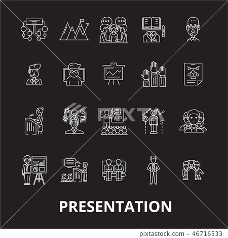 Presentation editable line icons vector set on black background. Presentation white outline Presentation editable line icons vector set on black background. Presentation white outline 46716533