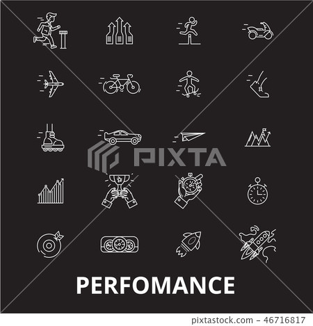 Perfomance editable line icons vector set on black background. Perfomance white outline Perfomance editable line icons vector set on black background. Perfomance white outline 46716817