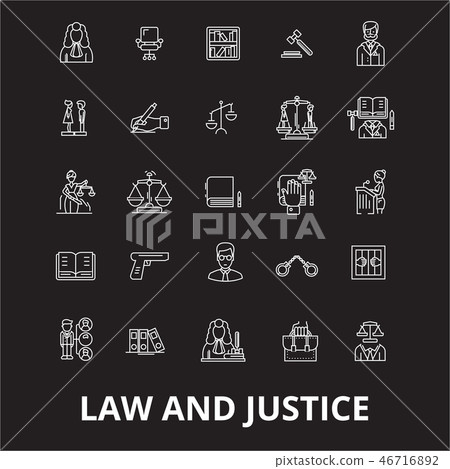 Law and justice editable line icons vector set on black background. Law and justice white outline 46716892
