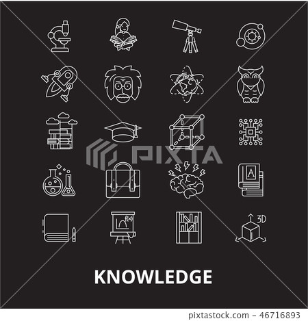 Knowledge editable line icons vector set on black background. Knowledge white outline illustrations Knowledge editable line icons vector set on black background. Knowledge white outline illustrations 46716893
