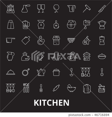 Kitchen editable line icons vector set on black background. Kitchen white outline illustrations Kitchen editable line icons vector set on black background. Kitchen white outline illustrations 46716894