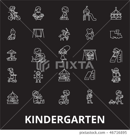 Kindergarten editable line icons vector set on black background. Kindergarten white outline Kindergarten editable line icons vector set on black background. Kindergarten white outline 46716895
