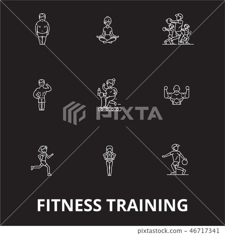 Fitness training editable line icons vector set on black background. Fitness training white outline 46717341