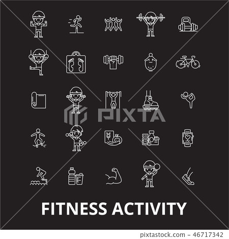 Fitness activity editable line icons vector set on black background. Fitness activity white outline 46717342