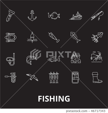 Fishing editable line icons vector set on black background. Fishing white outline illustrations 46717343