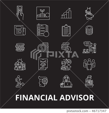 Financial advisor editable line icons vector set on black background. Financial advisor white 46717347