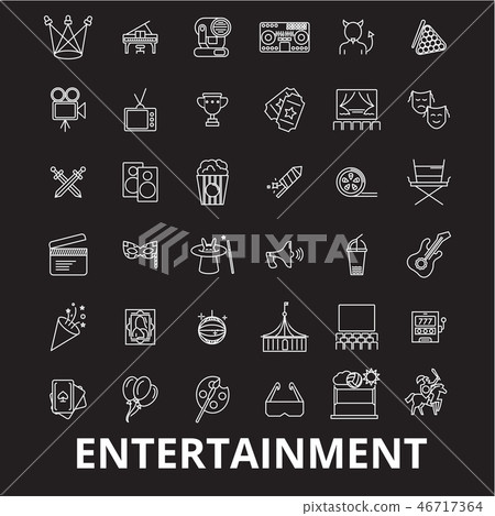 Entertainment editable line icons vector set on black background. Entertainment white outline 46717364