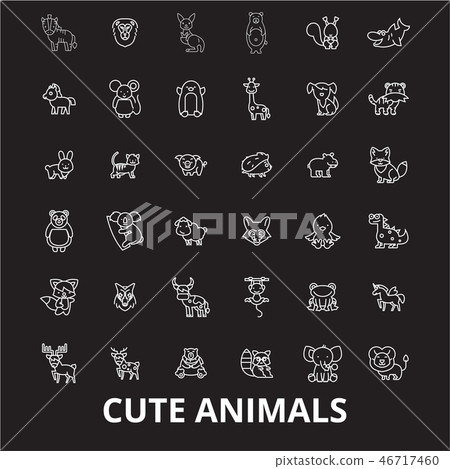 Cute animals editable line icons vector set on black background. Cute animals white outline Cute animals editable line icons vector set on black background. Cute animals white outline 46717460