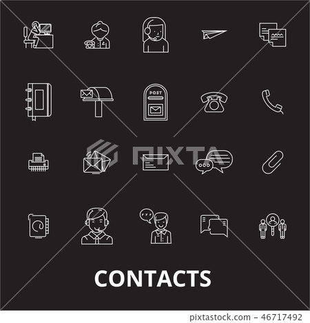 Contacts editable line icons vector set on black background. Contacts white outline illustrations Contacts editable line icons vector set on black background. Contacts white outline illustrations 46717492