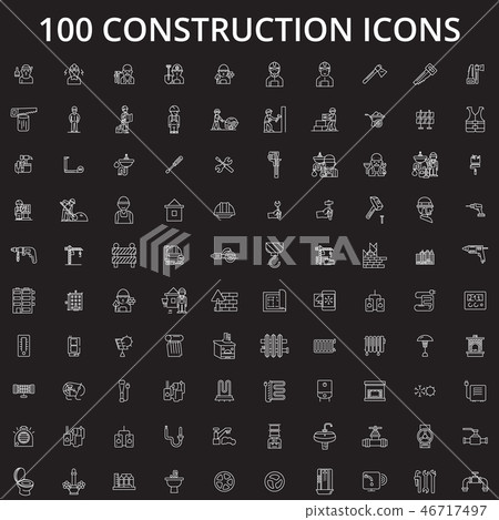 Construction editable line icons vector set on black background. Construction white outline 46717497