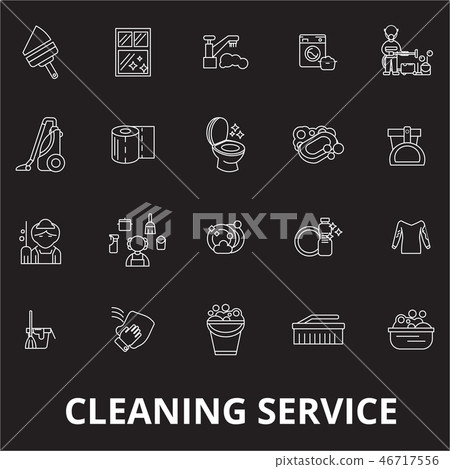 Cleaning service editable line icons vector set on black background. Cleaning service white outline 46717556