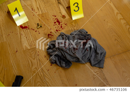 Bullets, bloody clothes and gun at crime scene 46735106