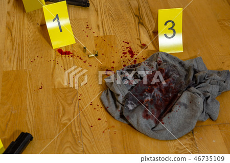 Bullets, bloody clothes and gun at crime scene Bullets, bloody clothes and gun at crime scene 46735109