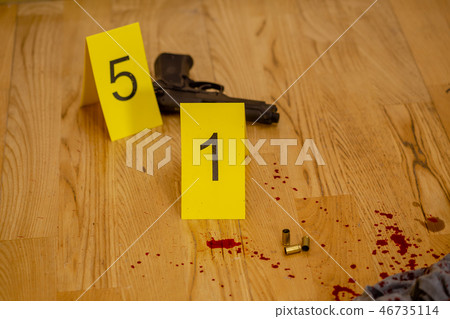 Bullets and gun at crime scene Bullets and gun at crime scene 46735114
