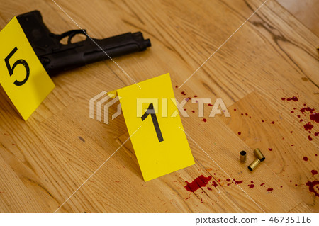 Bullets and gun at crime scene Bullets and gun at crime scene 46735116