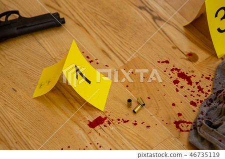 Bullets and gun at crime scene Bullets and gun at crime scene 46735119