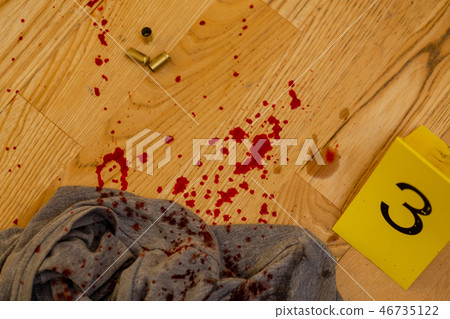 Bullets, bloody clothes and gun at crime scene Bullets, bloody clothes and gun at crime scene 46735122
