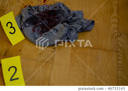 Bullets, bloody clothes and gun at crime scene Bullets, bloody clothes and gun at crime scene 46735143