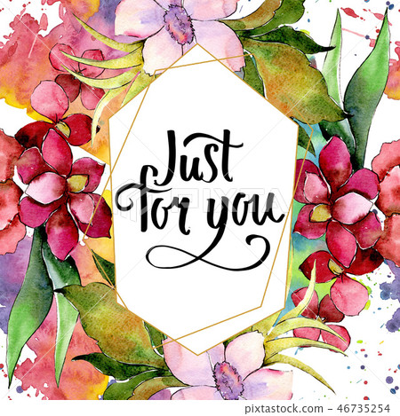 Red and purple floral botanical flower bouquet. Watercolor background illustration set. Frame border 46735254