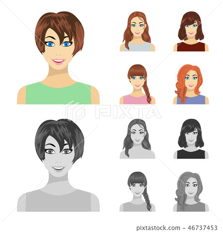 Types of female hairstyles cartoon,monochrome icons in set collection for design. Appearance of a 46737453