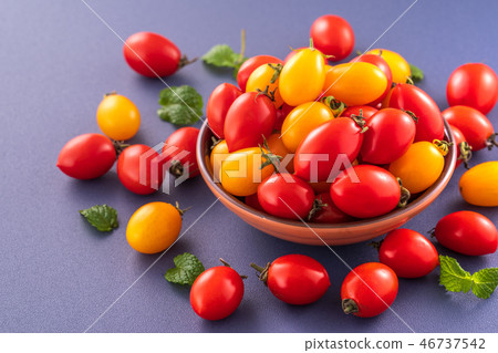 小茄子茄子茄子靛藍背景水水果新鮮櫻桃番茄櫻桃番茄 46737542