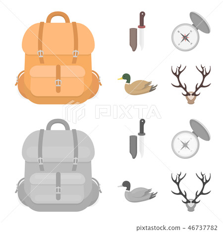 Knife with a cover, a duck, a deer horn, a compass with a lid.Hunting set collection icons in Knife with a cover, a duck, a deer horn, a compass with a lid.Hunting set collection icons in 46737782