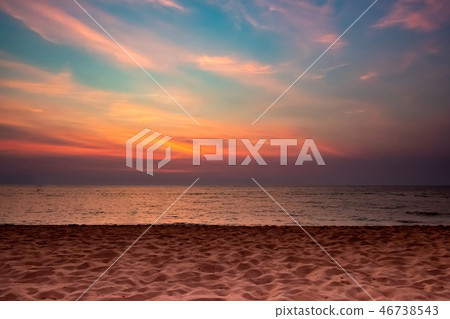 silhouette couple walking on beach, sun set 46738543