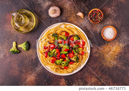 Pasta with broccoli, pepper, onion. Pasta with broccoli, pepper, onion. 46738771