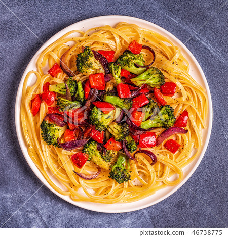 Pasta with broccoli, pepper, onion. Pasta with broccoli, pepper, onion. 46738775