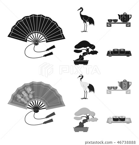 Fan, red crown crane, tea ceremony, bonsai.Japan set collection icons in black,monochrome style Fan, red crown crane, tea ceremony, bonsai.Japan set collection icons in black,monochrome style 46738888