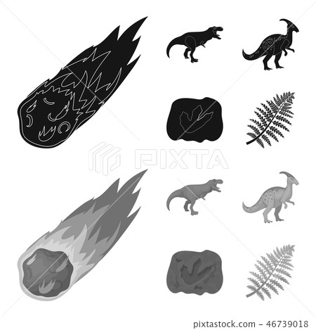 A falling meteorite,parasaurolophus, tyrannosaurus, an imprint of a dinosaur foot. The dinosaur and 46739018