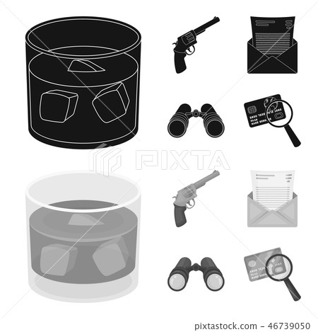 A glass of whiskey, a gun, binoculars, a letter in an envelope.Detective set collection icons in 46739050