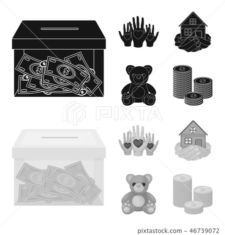 Boxing glass with donations, hands with hearts, house in hands, teddy bear for charity. Charity and Boxing glass with donations, hands with hearts, house in hands, teddy bear for charity. Charity and 46739072