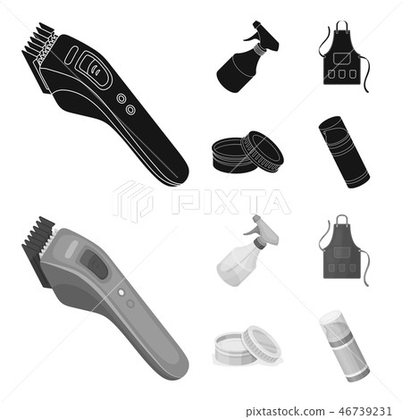 Electric clipper, apron, cream and other accessories for a male hairdresser.Barbershop set Electric clipper, apron, cream and other accessories for a male hairdresser.Barbershop set 46739231