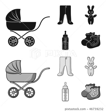 Stroller, bottle with a pacifier, toy, sliders.Baby born set collection icons in black,monochrome Stroller, bottle with a pacifier, toy, sliders.Baby born set collection icons in black,monochrome 46739232