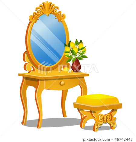 A vintage table for cosmetics, stool and a mirror with frame isolated on white background. Vector 46742445